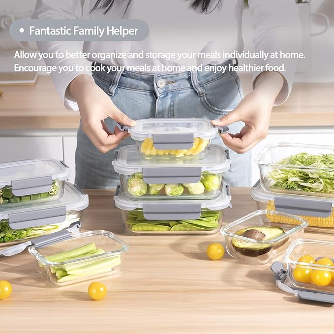 [10 pack Glass Meal Prep Containers with Lids, Glass Food Storage Containers with Snap Locking Lids for Food, Bpa-free, Easy to Open& Close/Microwave,Oven,Freezer,Dishwasher Safe/Leak-Proof
