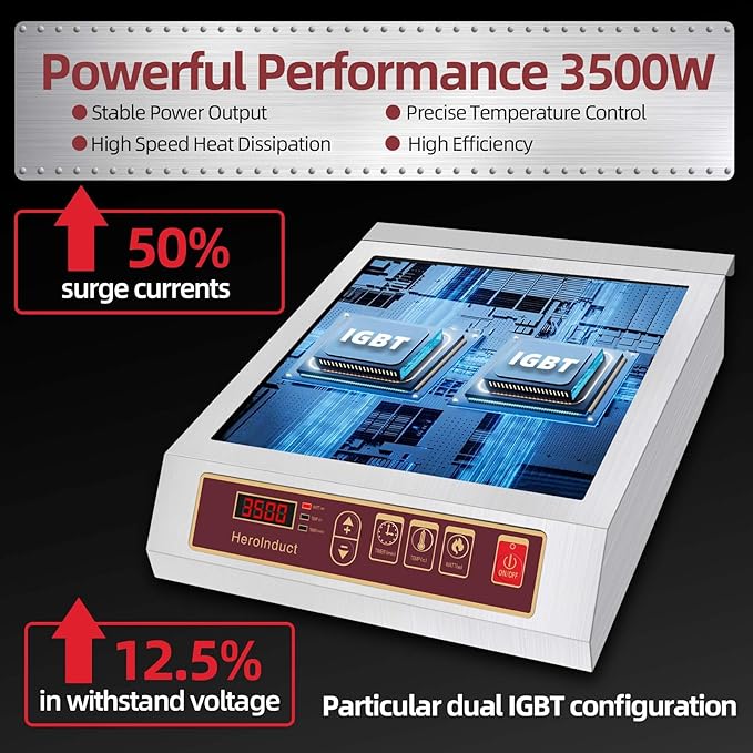 Induction Cooktop 208-240V 3500W Commercial Range Induction Burner Dual IGBT Modules 8 Heating Level Sensor Push-Button Premium Stainless Steel Housing Crystal Glass Electric Cooktop(Red)