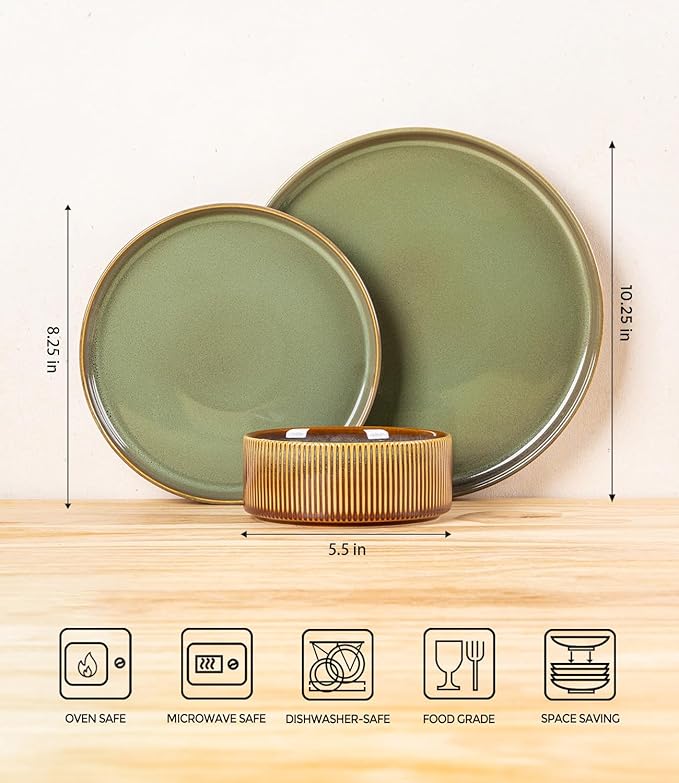 TheTerra Ceramic Dinnerware Sets for 4, 12 Pieces Porcelain Lightweight Plates and Bowls Sets, Scratch Resistant Dish Set, Oven & Microwave & Dishwasher Safe, Brown Green