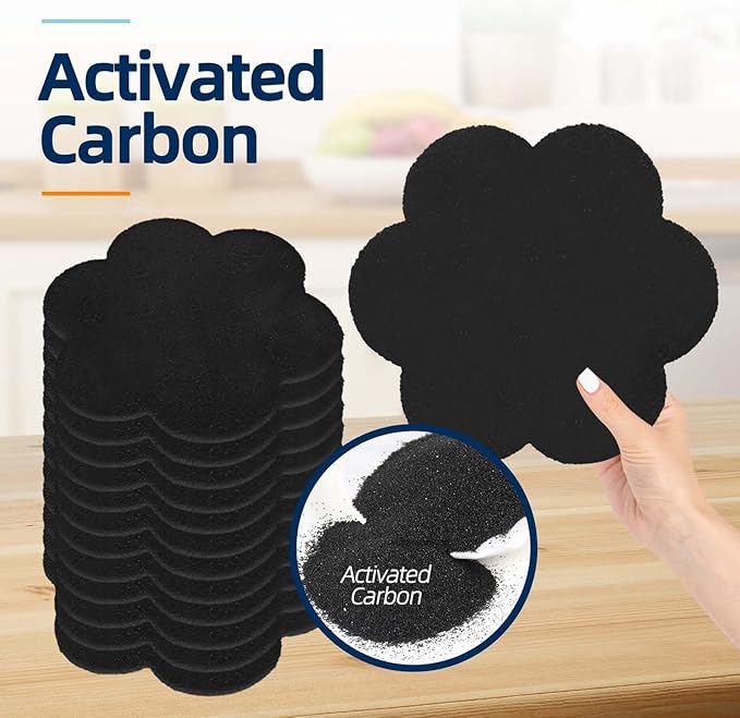 Trash Can Odor Absorbing Filters: Activated Charcoal Deodorizer Sheet for Kitchen Trash Can, Compost Bin, Diaper Pail, Garbage Can - Air Freshener - 12 Replacement 6.7" Flower Shape