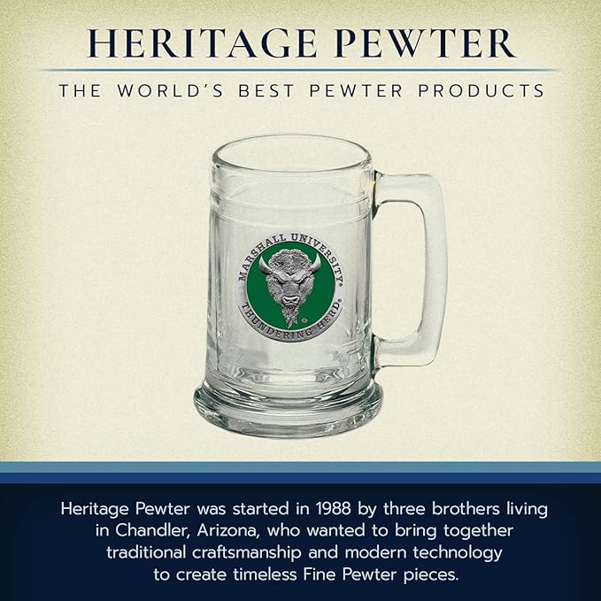Heritage Pewter Marshall University Beer Stein Glass | 15 Ounce German-Style Beer Glass | Intricately Crafted Metal Pewter Alma Mater Inlay