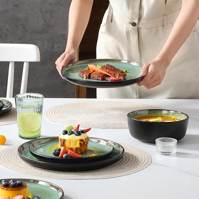 vancasso Plates and Bowls Sets, 24 Pieces Stoneware Dinnerware Sets for 8, Kitchen Dish Set Mircowave and Dishwasher Safe Ceramic Dishware, Turf Green, Series AMBER