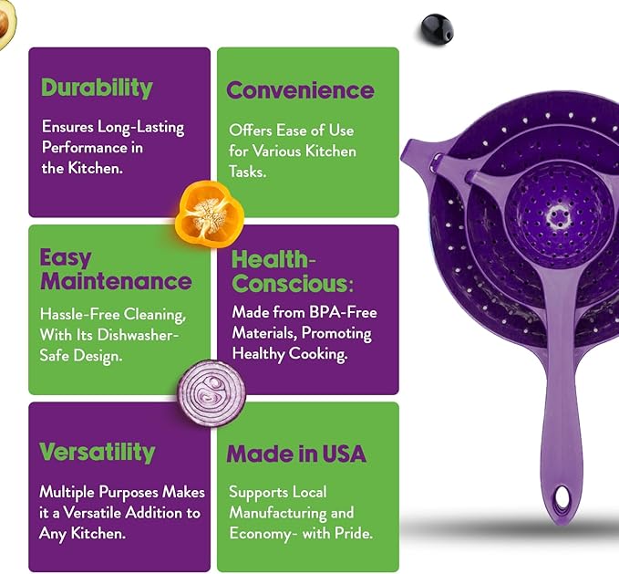 Crisp 3 Piece Nesting Strainer Set - Plastic, Durable Kitchenware, Dishwasher Safe - Made in the USA - Purple