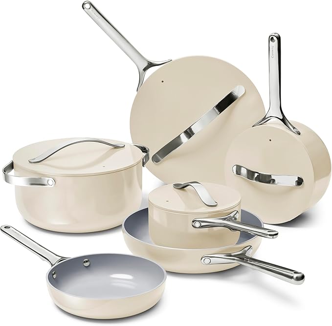 Caraway Deluxe Non-stick Ceramic Cookware Set (16 Piece) Pots, Frying Pans, Lids and Kitchen Storage - PFAS & PFOA Free - Oven Safe Pan Set & Compatible with All Stovetops - Cream