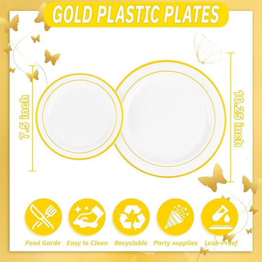 WDF 120 pieces Gold Disposable Plastic Plates - White and Gold Plates Include 10.25" Dinner Plate & 7.5" Salad Plate for Christmas/Weddings/Party