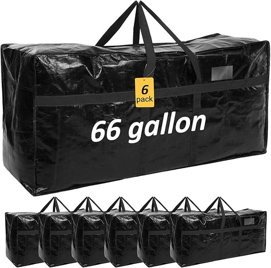 6 Pcs 66 Gallon Large Moving Bags with Zipper and Handles Foldable Storage Duffle Bags Heavy Duty Extra Large Totes for College Dorm Travel Clothes Blankets Bedding Moving (Black)