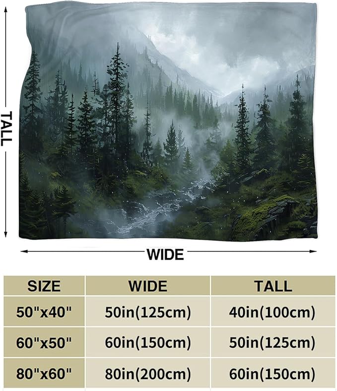 Forest Blanket Misty Mountain Tree Throw Blanket Cozy Plush Fleece Flannel Green Nature Blankets Landscape Party Gifts for Girls Boys Women Men 50"X40"