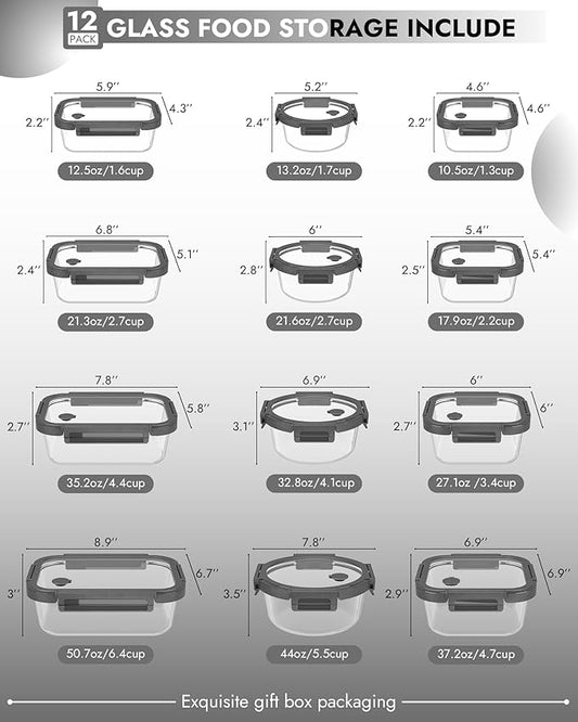 12-Pack Glass Containers with Tempered Lids β Borosilicate, Oven-Safe, Airtight, BPA-Free, Multi-Size for Meal Prep, Dishwasher Safe (Gray)