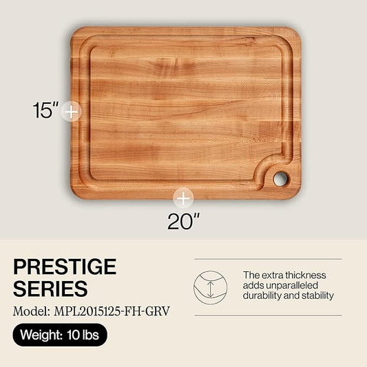 John Boos Prestige Series Rectangular Wooden Maple Cutting Board 20βx15β β 1.25β Thick, 10-lb Reversible Butcher Block with Juice Groove, Edge-Grain & Finger Grip Hole β Made in the USA