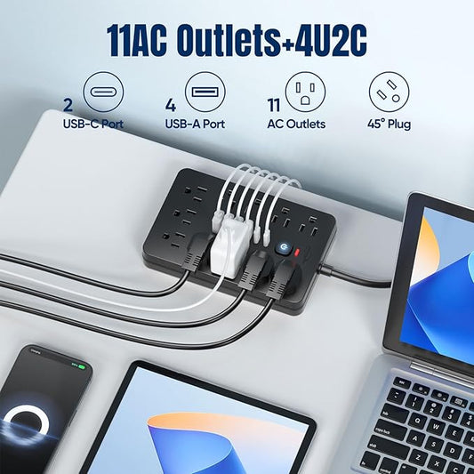10 FT Flat Plug Surge Protector Power Strip,11 Multiple AC Outlets with 6 USB Ports (2 USB C), 10 Feet Extension Cord, 1250W/10A, One Touch Switch Button, 17 in 1 Compact powerstrip