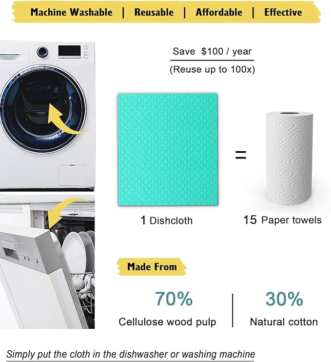 Swedish Dish Cloths - 10 Pack Reusable Kitchen Dishcloths - Ultra Absorbent Dish Towels for Washing Dishes - Cellulose Sponge Cloth Cleaning Rag - Assorted