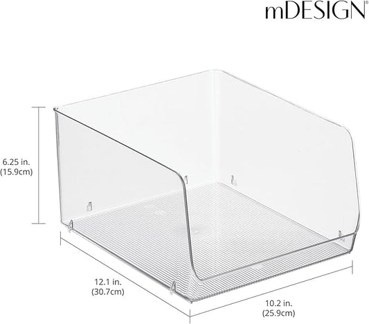 mDesign Wide Stackable Plastic Food Storage Organizer Bin Basket with Open Front for Household Kitchen Cabinets, Pantry, Offices, Closets, Bedrooms, Bathrooms - 10.2" Wide, 4 Pack - Clear