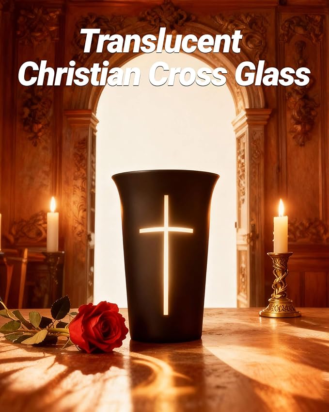 2PCS Black Frosted Drinking Glass Cups with Cross & Bible Verse, Inspirational Religious Gifts for Christians, Catholic Women & Men, Pastor Appreciation, Baptism & Confirmation Gifts for Boys & Girls