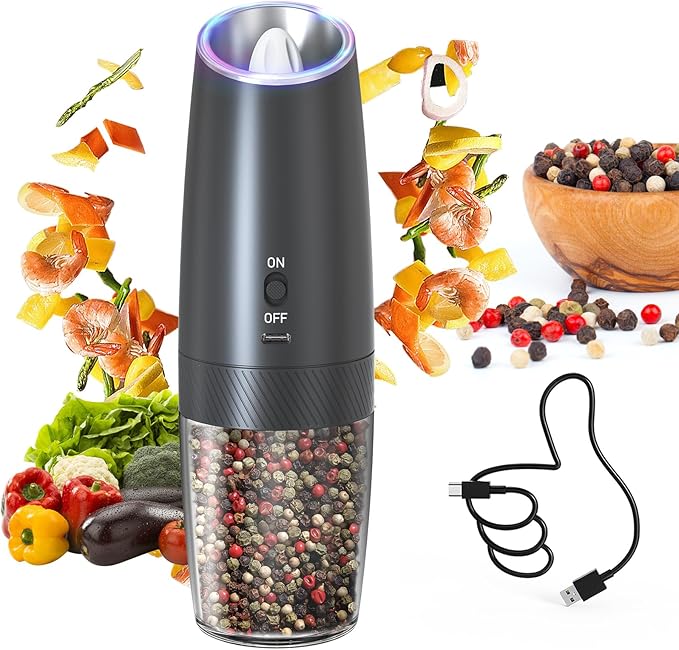 CIRCLE JOY Gravity Electric Pepper Grinder Rechargeable Salt Grinder Pepper Griner Mill Electric with LED Light, No Battery Needed, Adjustable Coarseness, Washable 135ml Container, Black