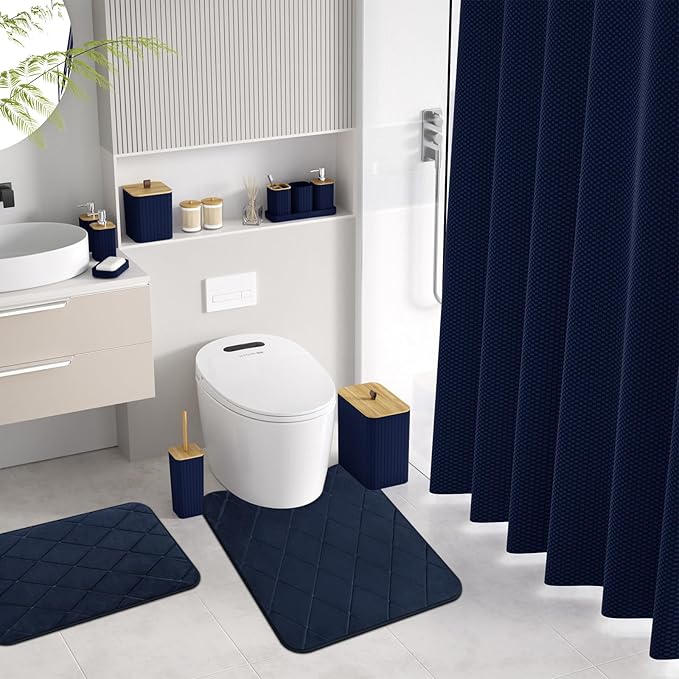 Bathroom Accessory Set - Navy Blue Bathroom Set, 27PC Bathroom Accessories Set, Bathroom Sets with Shower Curtain and Rugs, Mini Trash Can, Toilet Brush, Trash Can & Soap Dispenser