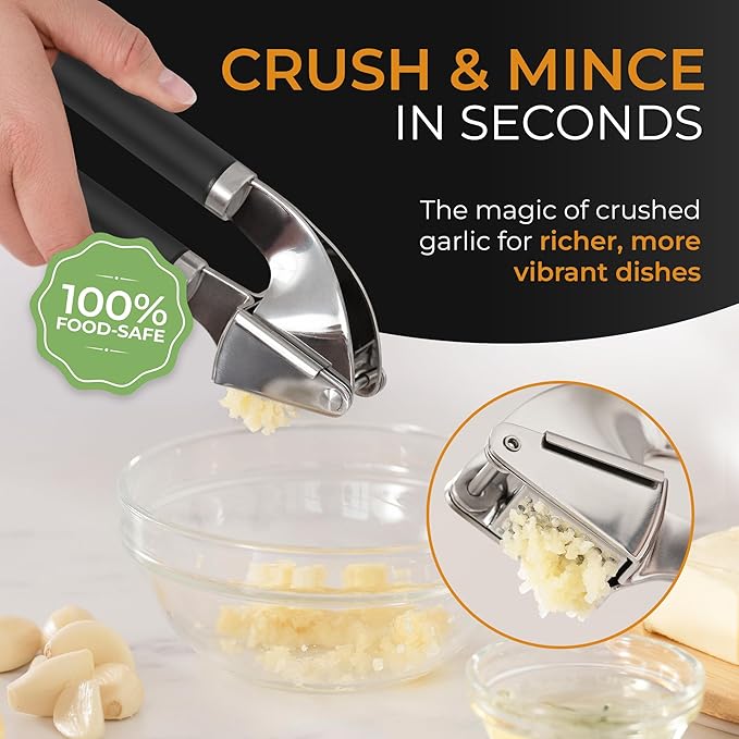 ORBLUE Garlic Press Stainless Steel - Premium Professional Grade Garlic Mincer, Crusher & Peeler Set - Easy Clean, Dishwasher Safe & Rust-proof, Black