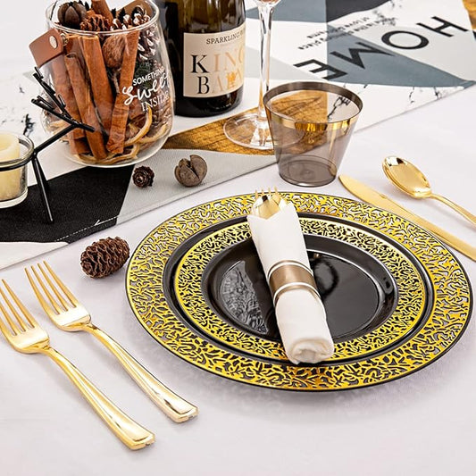 NOCCUR 210pcs Black and Gold Dinnerware Set - Black Disposable Plates and Napkins Party Supplies Include 60 Dinner/Dessert Plates, 30 Prerolled Plastic Cutlery&30 Cups for Party/Birthday/New Year