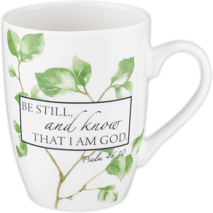 Christian Art Gifts Encouraging Scripture Ceramic Coffee & Tea Mug for Women: Be Still & Know Bible Verse Psalm, Inspirational Microwave/Dishwasher Safe Drinkware, White & Green Leaf Branches, 12 oz.