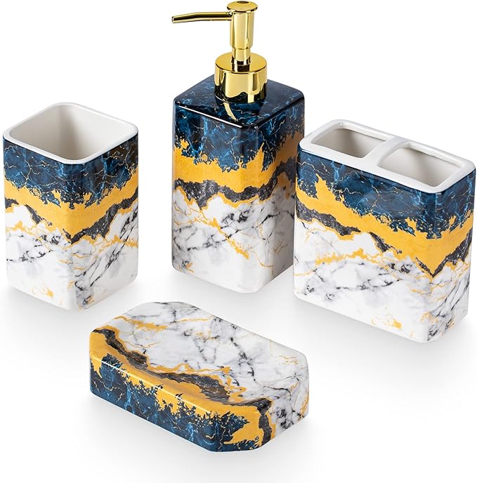 4 Piece Bathroom Accessories Set - Blue Bathroom Accessory Sets Includes Lotion Dispenser, Toothbrush Holder Tumbler, and Soap Dish - Glossy Finish (Marble, Blue)