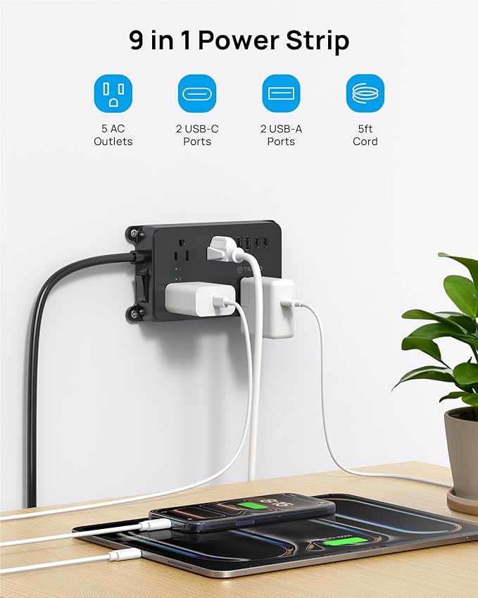 TROND 360° Rotating Flat Plug Power Strip, 5 Widely-Spaced Outlets with 2 USB A and 2 USB C, ETL Listed, 1300J Surge Protector, Wall Mountable, 5ft Extension Cord, for Home Office, Black