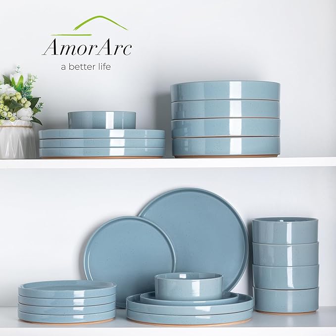 AmorArc Ceramic Dinnerware Set for 4 | Speckled Stoneware Plates and Bowls with unglazed terracotta | Scratch Resistant, Dishwasher & Microwave Safe Dishes Sets- 12-Pcs Blue