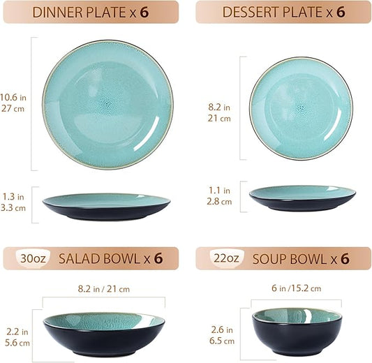 Plates and Bowls Sets for 6 - CJDC-QUELO 24-Piece Stoneware Dinnerware Sets, Ceramic Dishware Set for Indoor Kitchen Use and Formal Dining, Chip and Scratch Resistant Microwave Dishwasher Safe, Green