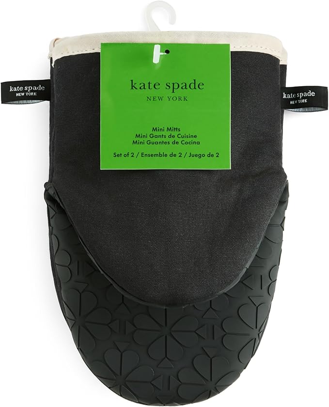 Kate Spade New York Spade Flower Soft Silicone Mini Oven Mitt 2-Pack Set, Heat Resistant, Flexible Non-Slip Silicone Grip, Black/Ivory, 5.5"X8"