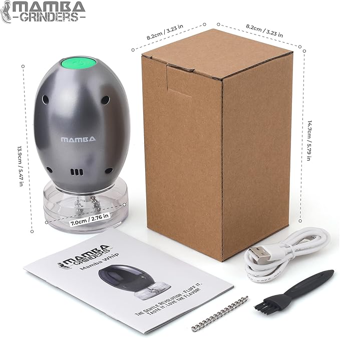 Mamba Whip Electric Herb Grinder. USB Rechargeable Portable One Handed Large Grinder and Spice Mill - Metal Gray