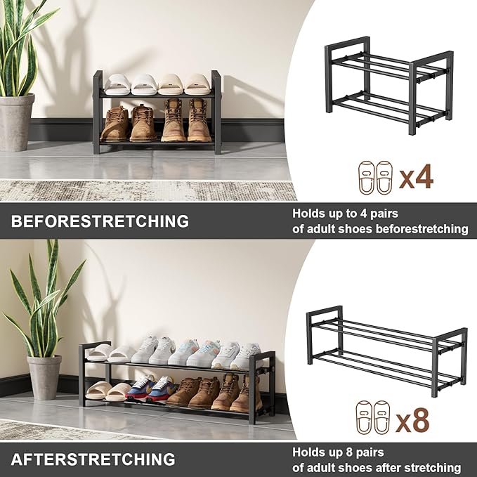 2-Tier Expandable Shoe Rack,Adjustable Shoe Shelf Storage Organizer Heavy Duty Metal Free Standing Shoe Rack for Entryway Closet Doorway (Black)