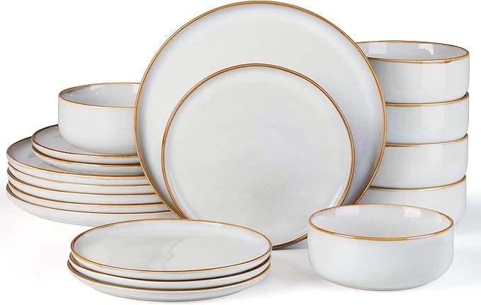 E-far Dinnerware Sets for 6, 18-Piece Stoneware Plates and Bowls Set, Reactive Glaze Dinning Ware Dishes Set, Microwave & Dishwasher Safe - Seashell White