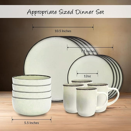 Gusto Buono 16-Piece Nordic Stoneware Dinnerware Set – Green Pistachio w/Antique Border | 4 Each of Bowls (5.5"), Salad Plates (7.5"), Dinner Plates (10.5"), and Mugs (12oz)|For All Occasions