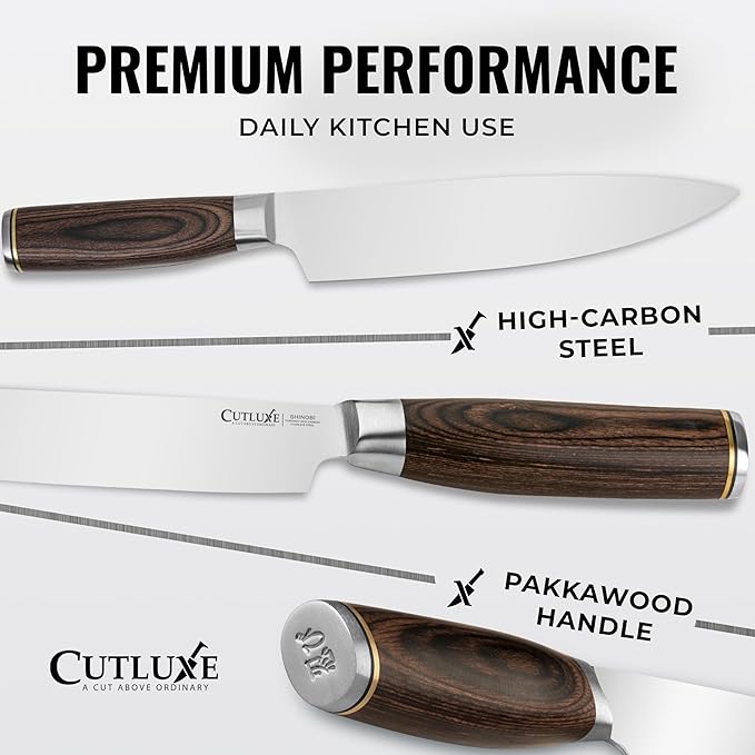 Cutluxe Chef Knife – Ultra Sharp 8" Japanese Kitchen Knife, High Carbon Stainless Steel Blade, Full Tang Pakkawood Handle – Shinobi Series
