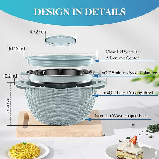 4 in 1 Colander with Mixing Bowl Set, Colander for Kitchen, Strainers and Colanders, Pasta Strainer, Fruit Cleaner, Veggie Wash, Aesthetic Kitchen Essentials - Blue