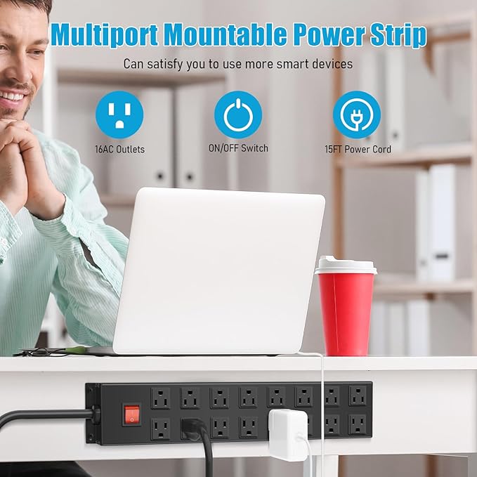 HHSOET Metal 16 Outlet Mountable Power Strip, Wall Mount Garage Workbench Socket, Gaming Table Surge Protector with 15 FT Power Cord.(Black)