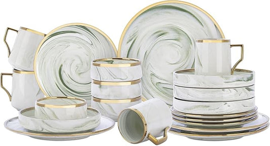 Fine China Artisan Marbled 20pc Dinner Set, Green with Gold Line