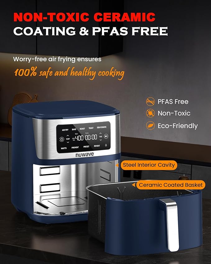 Nuwave Brio Plus 6-in-1 Air Fryer, 7-Qt Large Capacity, 50°F–400°F Precise Temp Control, Non-Toxic PFAS-Free Nonstick, Air Fry, Bake, Roast, Toast, Dehydrate, Reheat, 100 Presets, Dishwasher Safe