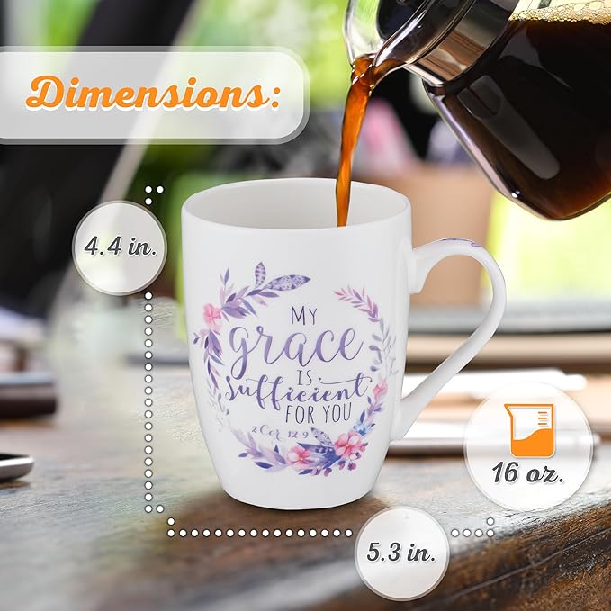 Christian Art Gifts Encouraging Ceramic Coffee & Tea Scripture Mug for Women: My Grace Is Sufficient Inspirational Bible Verse, Microwave/Dishwasher Safe, Cute Drinkware, White & Purple Floral, 12 oz.
