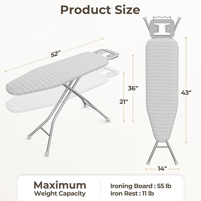 Yaheetech Foldable Ironing Board, Heavy Duty Iron Board with 9 Adjustable Heights, 4 Layer Cover and Safety Iron Rest, 52X14 Compact and Space Save Iron Board for Home Laundry Room Use, Gray&White