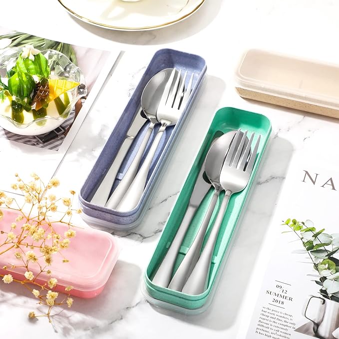 Yinkin 4 Pack Portable Travel Utensils Set with Case Reusable Stainless Steel Silverware Flatware Camping Cutlery Include Fork Spoon Knife for Work School Dishwasher Safe(Blue, Beige, Green, Pink)