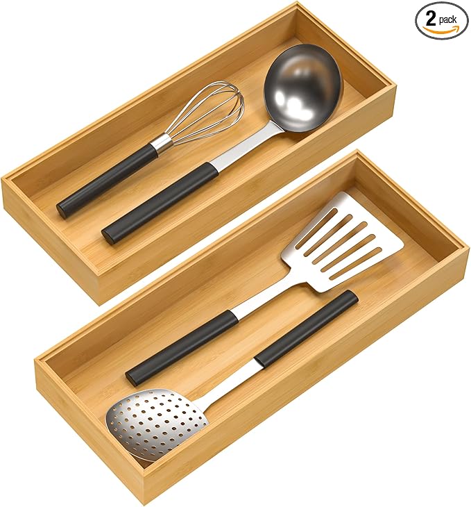 Bamboo Drawer Organizer, Stackable Utensil Organizer for Kitchen, Bamboo Storage Box Wood Silverware Tray for Drawer 15" x 6" x 2" Set of 2