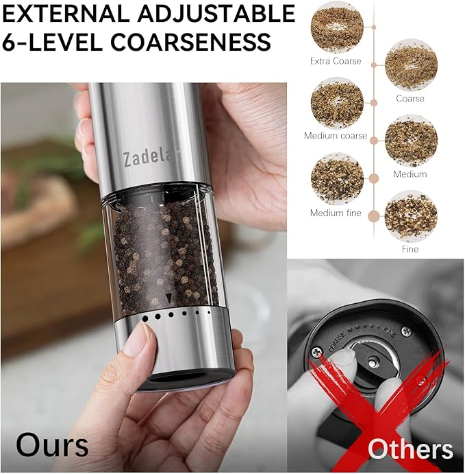 Electric Rechargeable Salt and Pepper Grinder Set,Automatic Pepper Mill Grinder with USB C Charging Dock,Upgraded 95ml Large Capacity,Adjustable Coarseness,LED Light,Stainless Steel