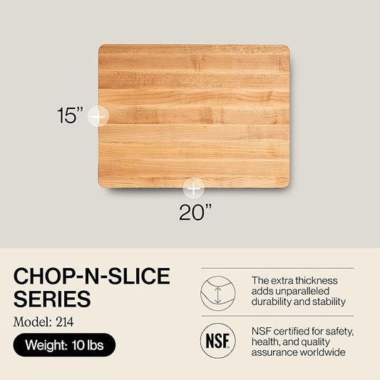 John Boos Chop-N-Slice Series Rectangular Wooden Maple Cutting Board 20”x15” – 1.25” Thick, 10-lb Reversible Butcher Block with Eased Corners & Edge-Grain – Made in the USA