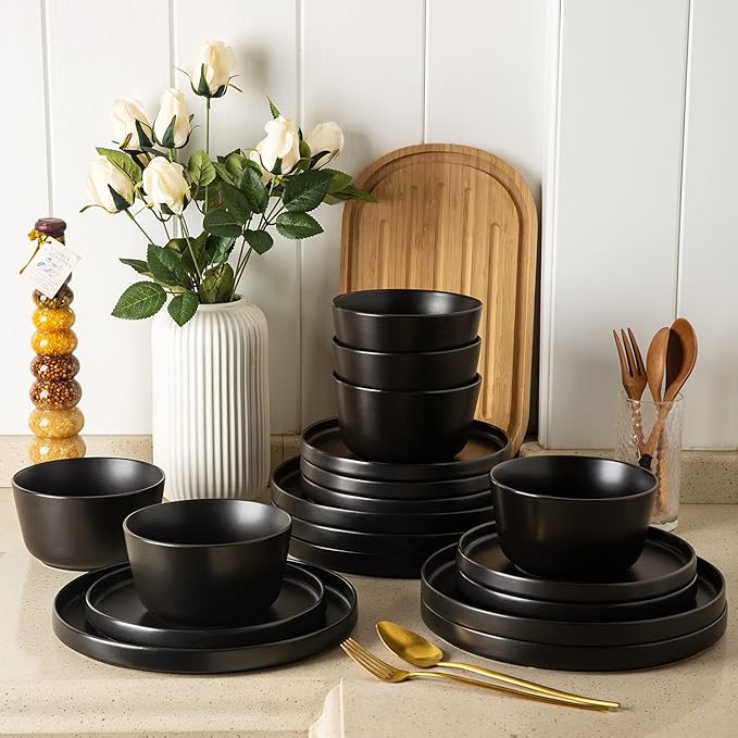 AmorArc Ceramic Dinnerware Sets for 4, Modern Flat Stoneware Plates and Bowls Sets,Chip and Crack Resistant Dishwasher & Microwave Safe Dishes Set,Scratch Resistant- Service for 4 -Matte Black (12pcs)