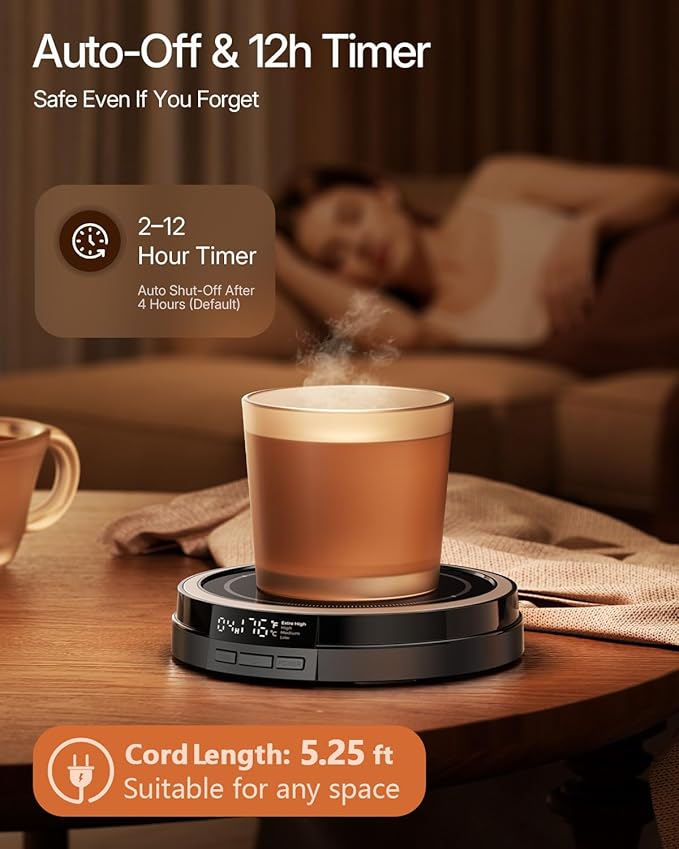 Coffee Mug Warmer for Desk, 50W Fast Heating Cup Warmer with Smart Display, 4 Temps & 12H Timer, Auto Shut Off for Tea, Milk, Hot Drinks - Classic Black