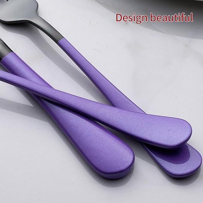 20-Piece Black Silverware Set 18/0 Stainless Steel Flatware Purple Handle Cutlery Set Service for 4 Dinner Knives Forks Spoons Set Mirror Finish Dishwasher Safe