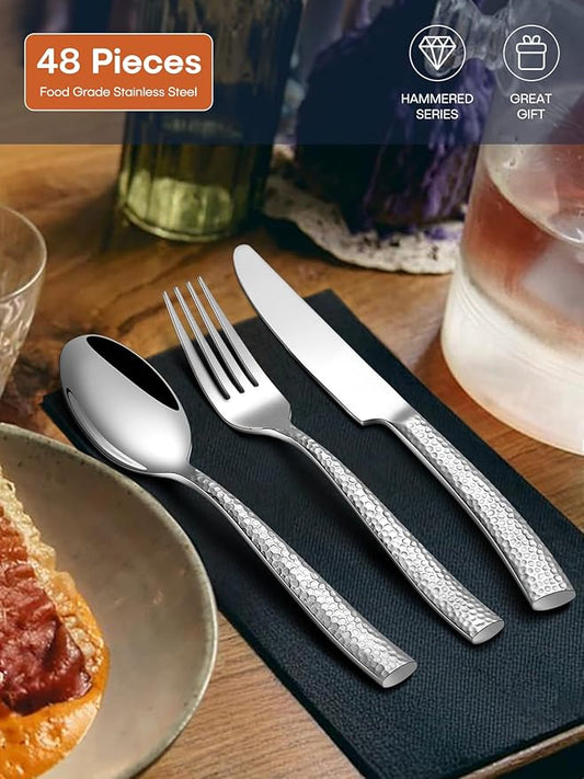 Stapava 48 Pcs Hammered Silverware Set for 8, Stainless Steel Flatware Set with Steak Knives, Mirror Cutlery Include Forks Spoons and Knives Set, Heavy Duty Utensils for Home Hotel, Dishwasher Safe