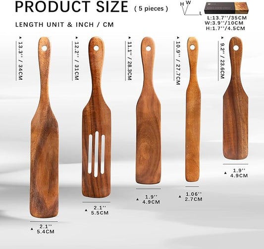Wooden Spatulas for Cooking Set of 5, Teak Spatula Set with Ergonomic Handles, Nonstick Safe Wooden Spoons for Cooking, Durable Wood Utensil Set for Kitchen, Smooth Handcrafted Wood Spatula