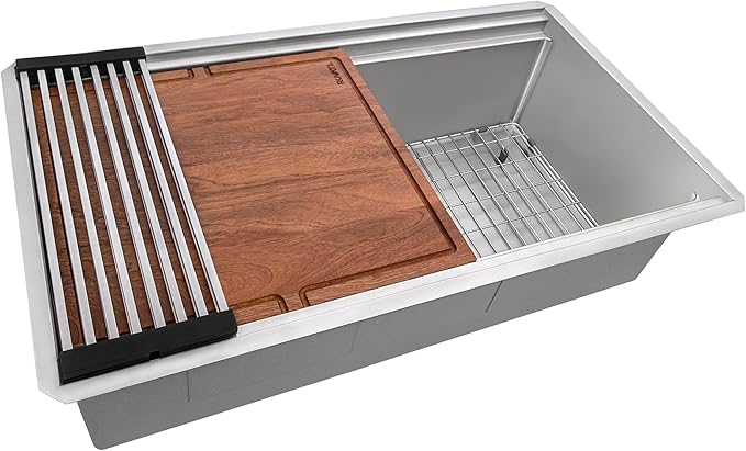 Ruvati 33-inch Rounded Corner 16 Gauge Stainless Steel Workstation Sink - Modern Two-Tiered Ledge Undermount Kitchen Sink, Perfect for Stainless Steel Sink Kitchens - RVH6222ST