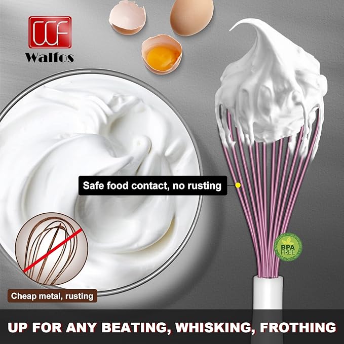 Walfos Whisk, Silicone Whisks for Cooking & Baking Non Scratch Rubber Coated Pink Whisk for Non-stick Wisk, Perfect for Frothing, Blending, Beating and Whisking (3pack Pink)
