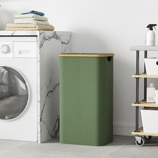 Lifewit 100L Laundry Basket with Lid, Clothes Hampers for Laundry with Bamboo Handles and A Removable Bag, Large Foldable Laundry Hamper for Bedroom, Bathroom, Dorm, Laundry Room, Green